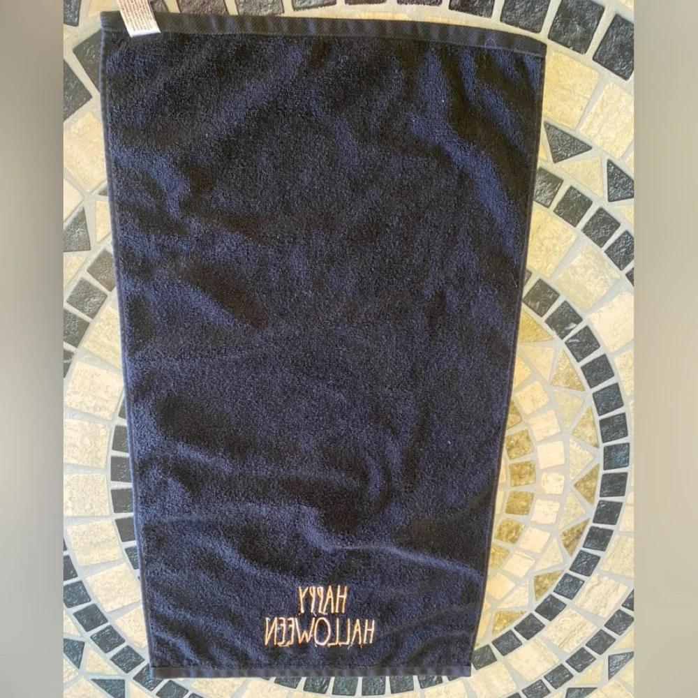 Rae Dunn Happy Halloween Hand Towels Black Towels with Orange Halloween Text